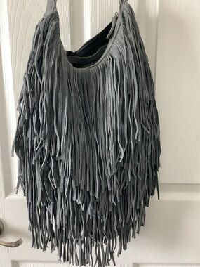 Monserat De Lucca Gray Suede Fringe Boho Festival Bag